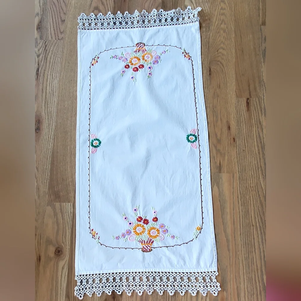 Vintage Handcrafted Needlepoint Flowers Table Runner, Crochet Edge, 37